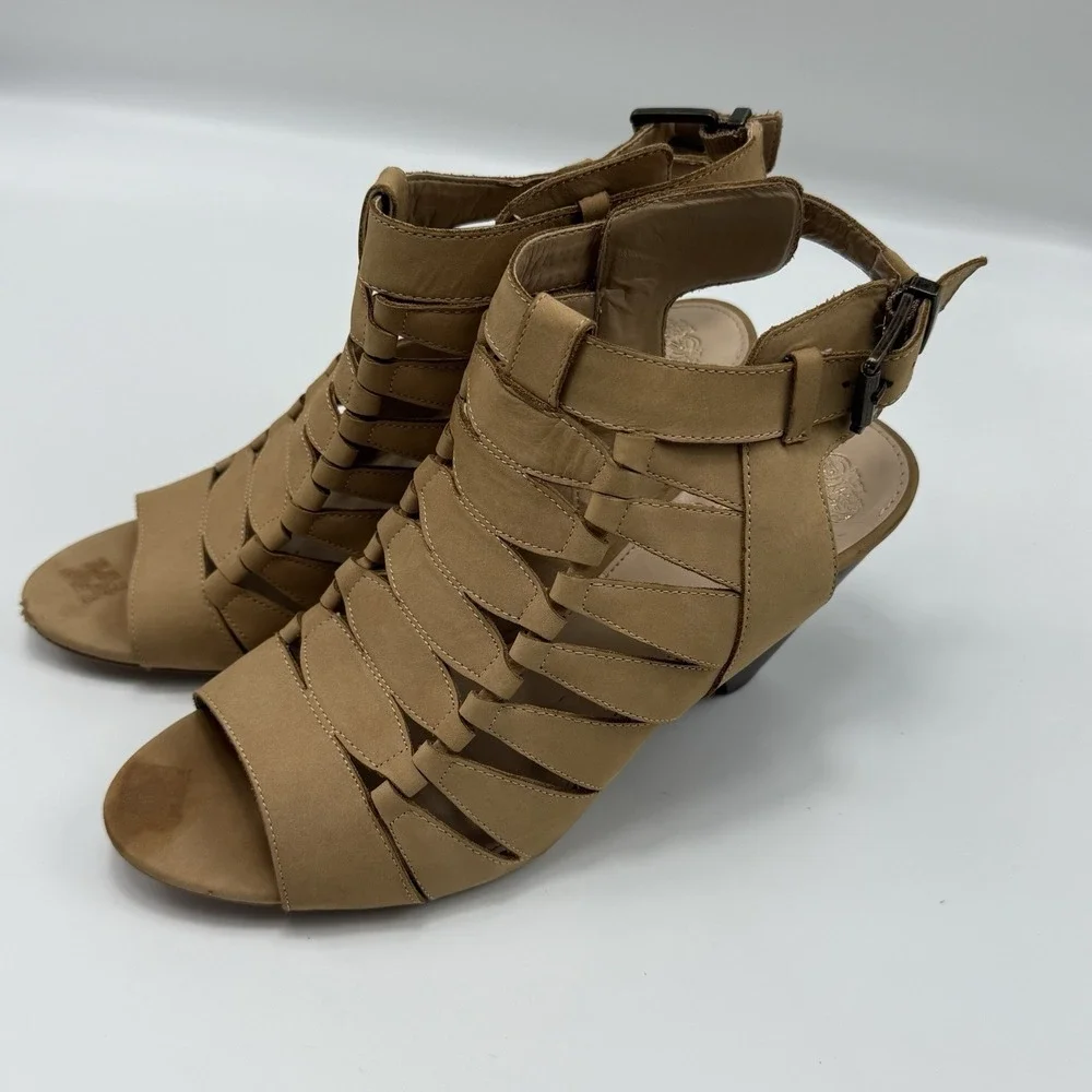 Vince Camuto Womens 9‎ Suede Leather Peep Toe Shoes High Heel Block Buckle Strap